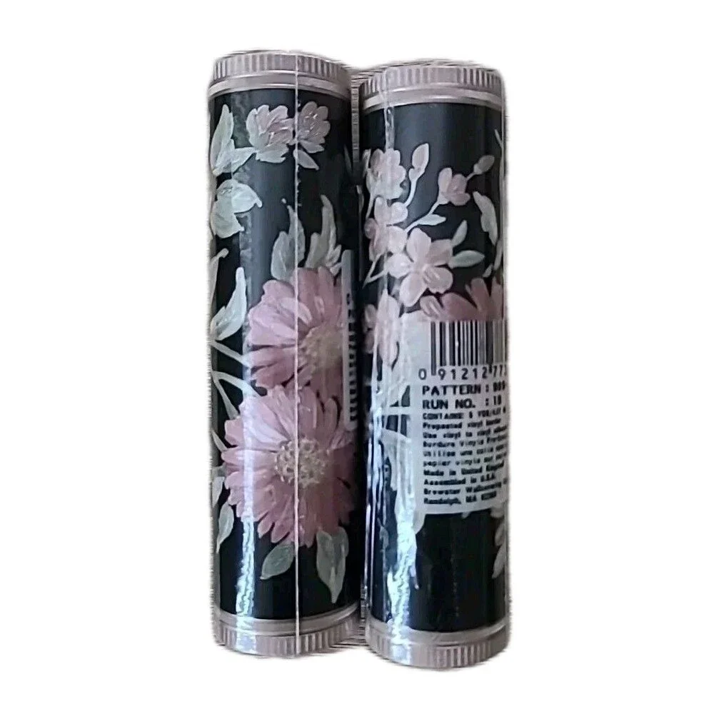 2 Vtg*Brewster*Wallpaper Borders Black*Pink Floral*5 Yards Ea* Pat#90977321 RN1B